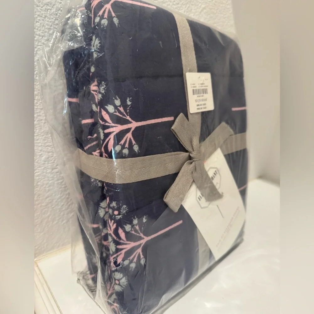 Anthropologie Dark Blue and Light Pink Botanical Quilted Pillowcases