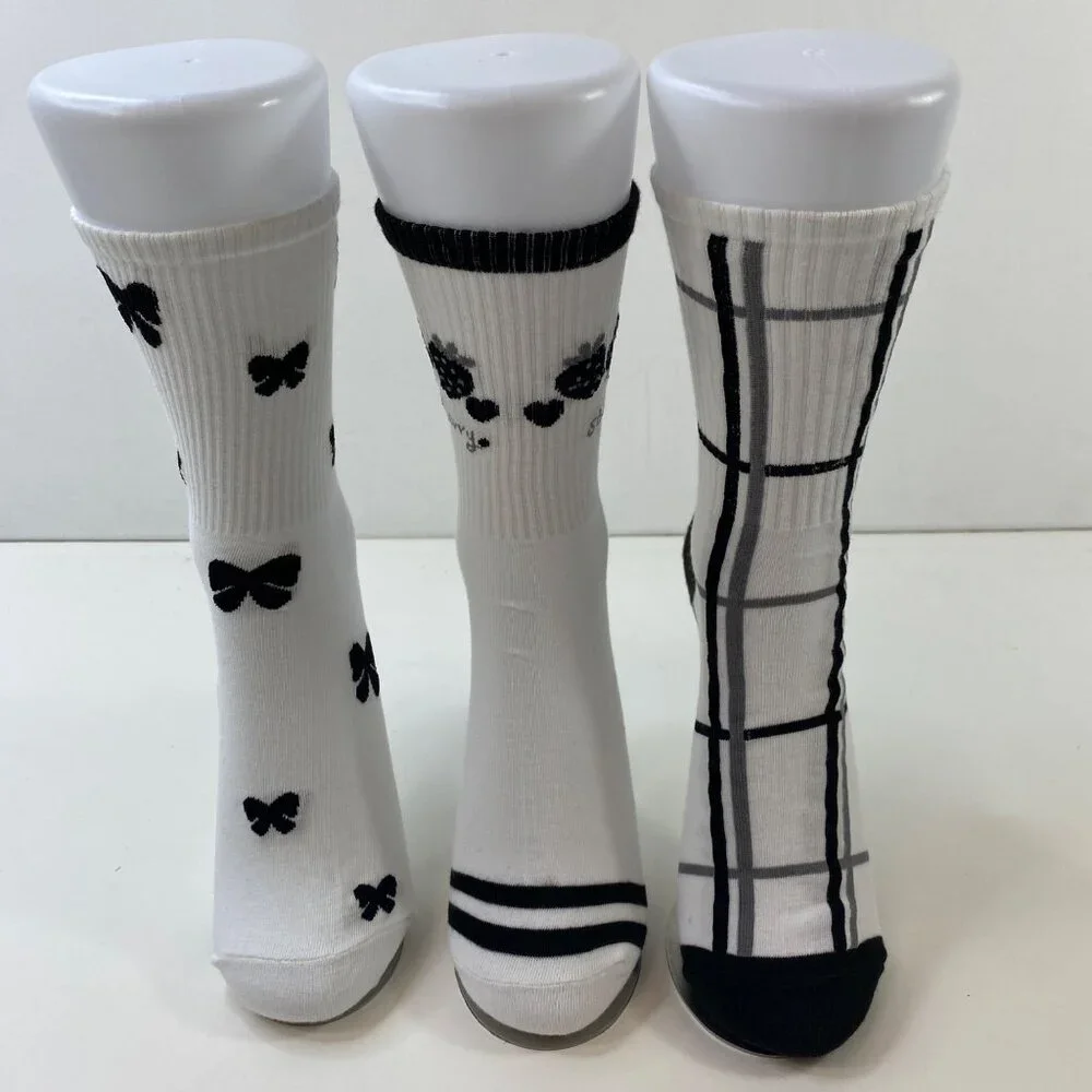 Womens Crew Socks 3-Pack Mixed Patterns Bow Grid Strawberry Black White