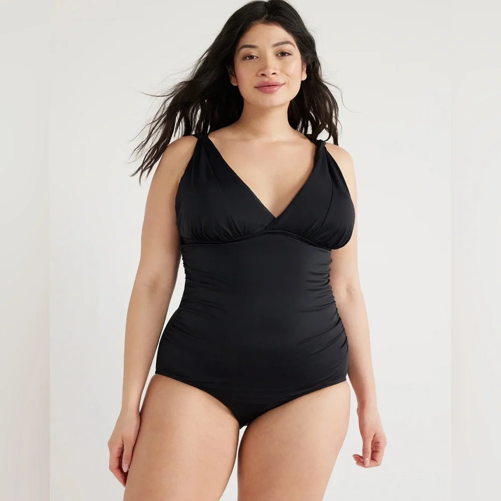 Time and Tru Women's Plunge One‎ Piece Slimming Swimsuit Black Size 16W