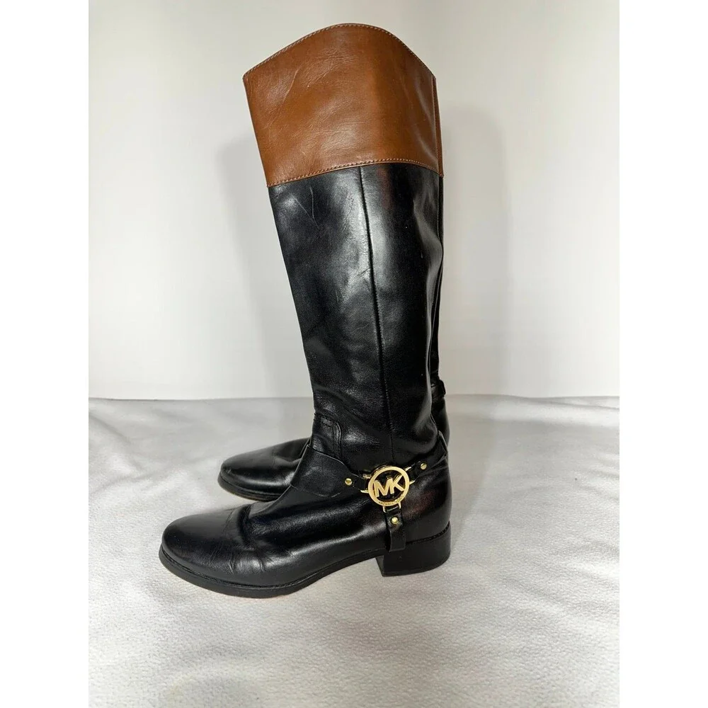 Michael Kors Fulton Harness Boot Black/Mocha Brown Leather Boot sz 7.5