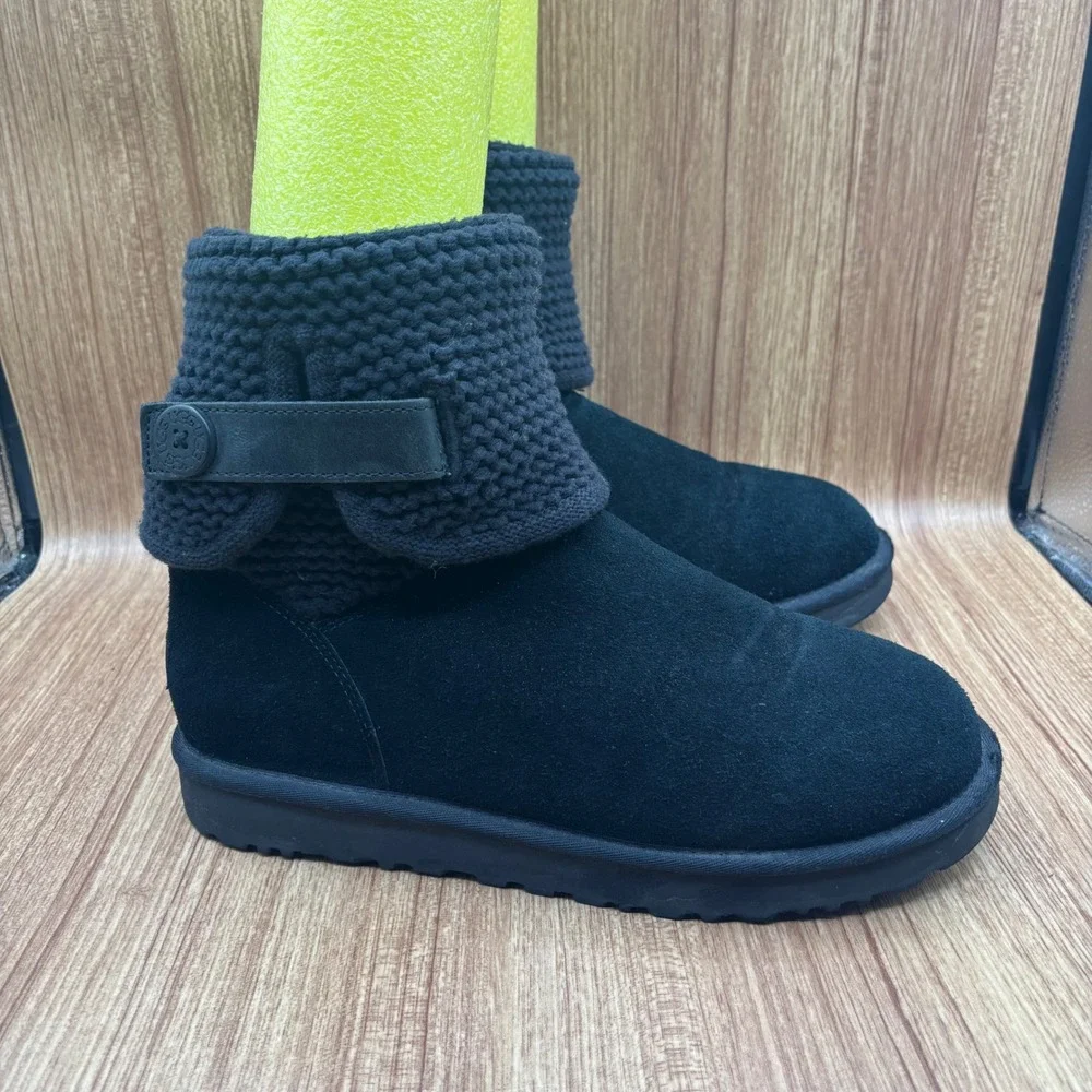 UGG Shaina Sweater Suede Boots Black Womens 11 Mid Calf Fold Down 1012534