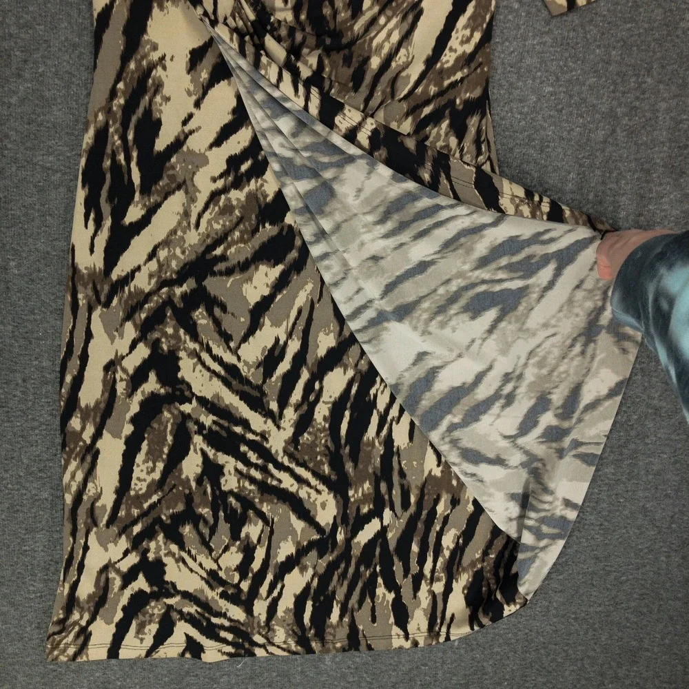 Dressbarn Tiger Print Faux Wrap Dress Women's 10 Half Sleeve Knee Length Rouched