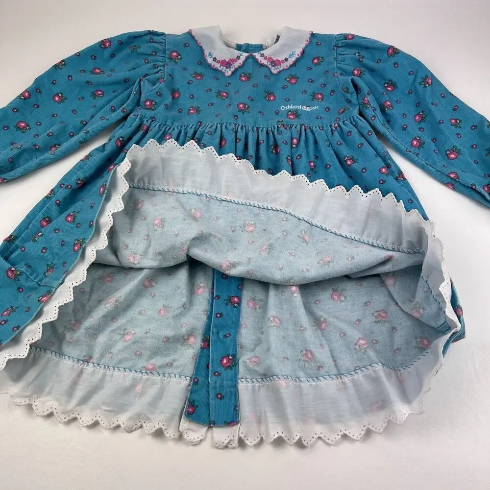 OSHKOSH B'GOSH Corduroy Long Sleeve Dress VTG 90s Floral Blue Kids Youth Girl 6