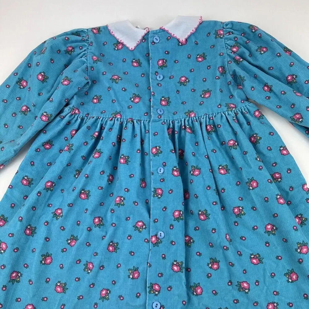OSHKOSH B'GOSH Corduroy Long Sleeve Dress VTG 90s Floral Blue Kids Youth Girl 6