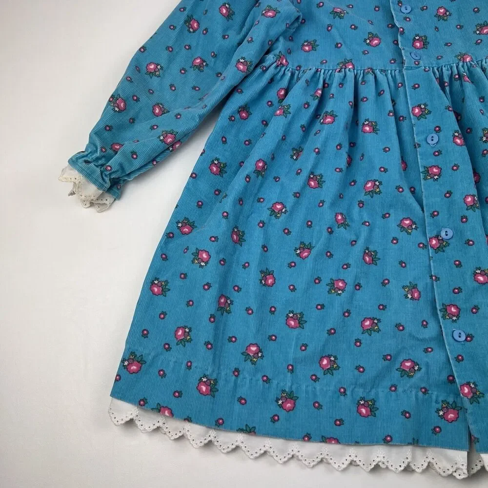 OSHKOSH B'GOSH Corduroy Long Sleeve Dress VTG 90s Floral Blue Kids Youth Girl 6
