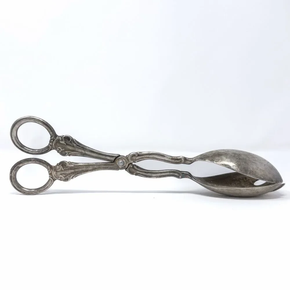Vintage Sheffield Silver Plate Salad Tongs Italy 10” Ornate Patina