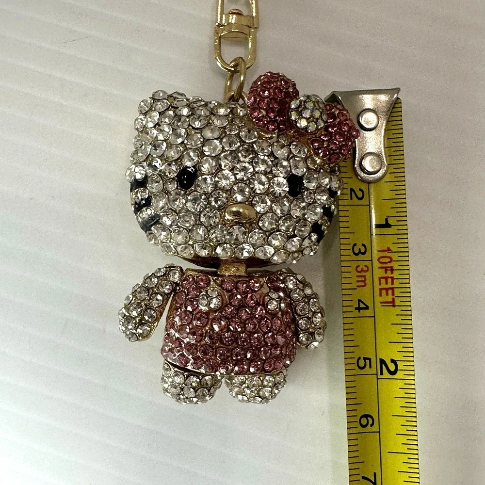 Hello Kitty Style Rhinestone Keychain Pink Crystal Cat Bag Charm Gold Tone