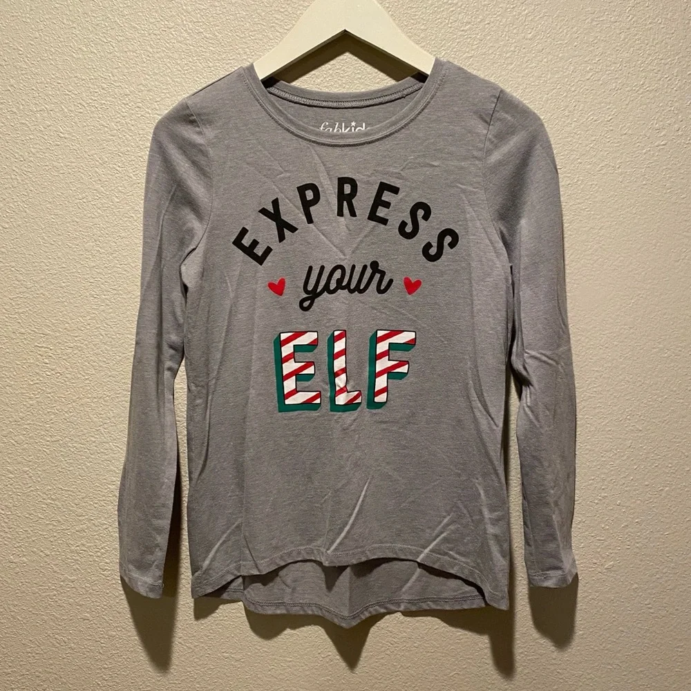 Christmas Elf shirt Longsleeve size large 10/12 holidays gray red‎ green