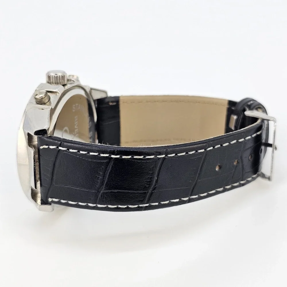Men's Watch 44MM White Dial NEW Black Faux Leather Bands New Battery