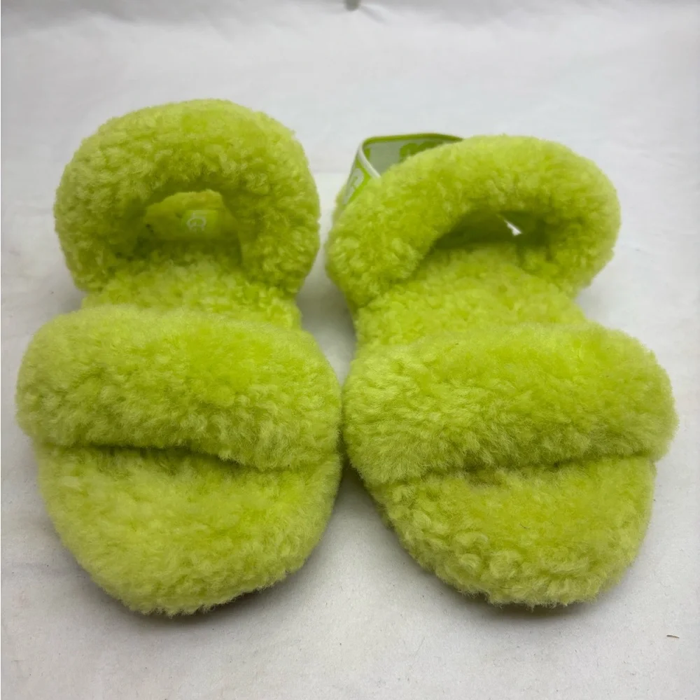 Ugg Kids Fuzzy Slide Sandals in Neon Lime - Plush Comfort