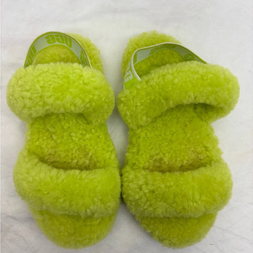 Ugg Kids Fuzzy Slide Sandals in Neon Lime - Plush Comfort