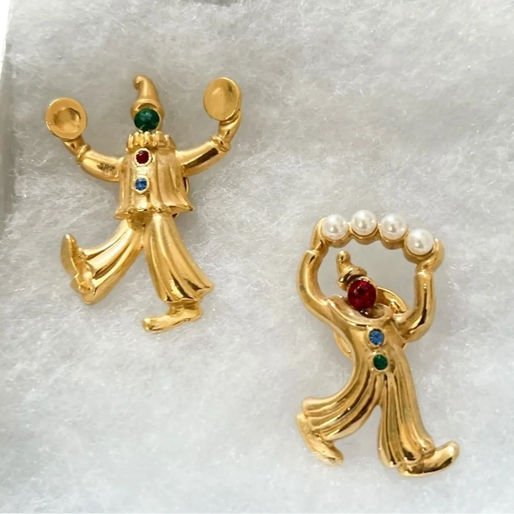 Two JJ Jonette Signed Clown Gold Tone Pins Juggling Cymbals