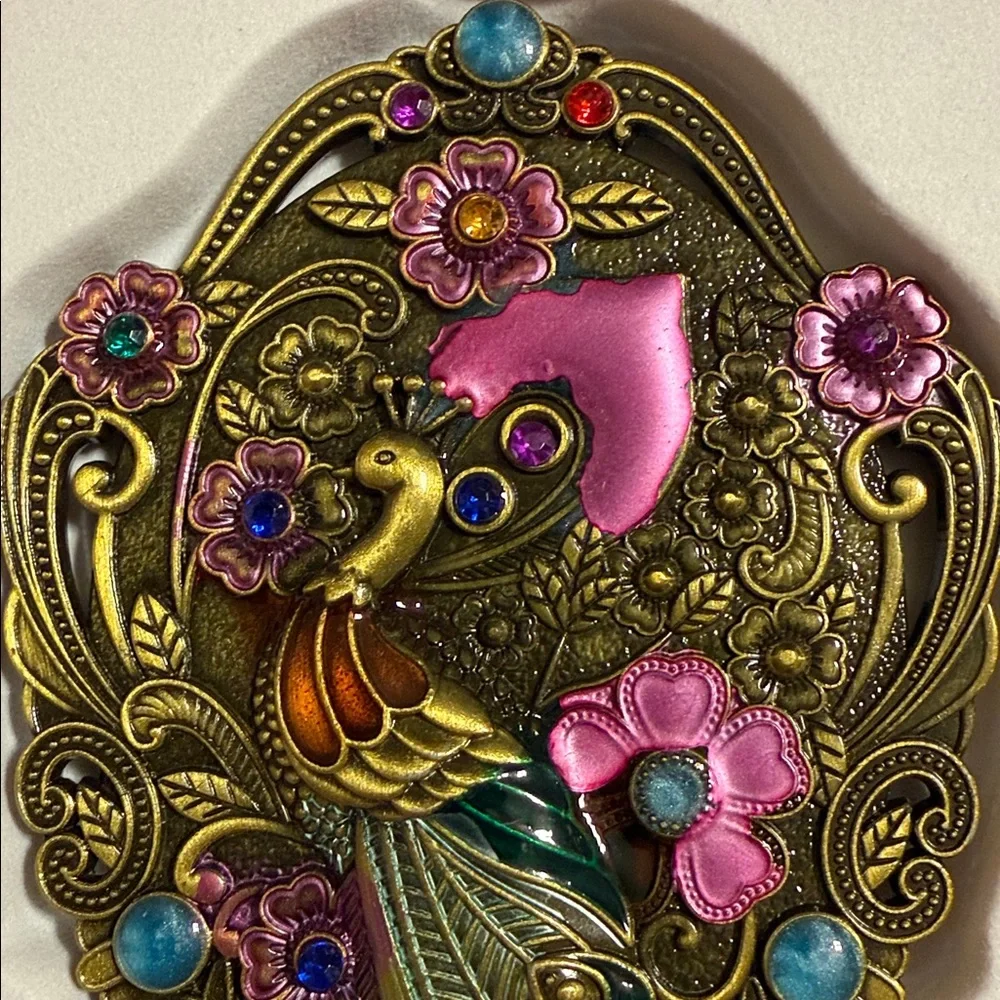 Vintage Ornate Peacock Hand Mirror and Comb Set - Pink & Green Accents