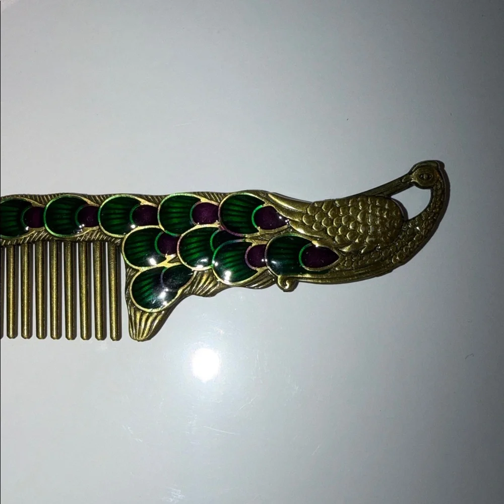 Vintage Ornate Peacock Hand Mirror and Comb Set - Pink & Green Accents