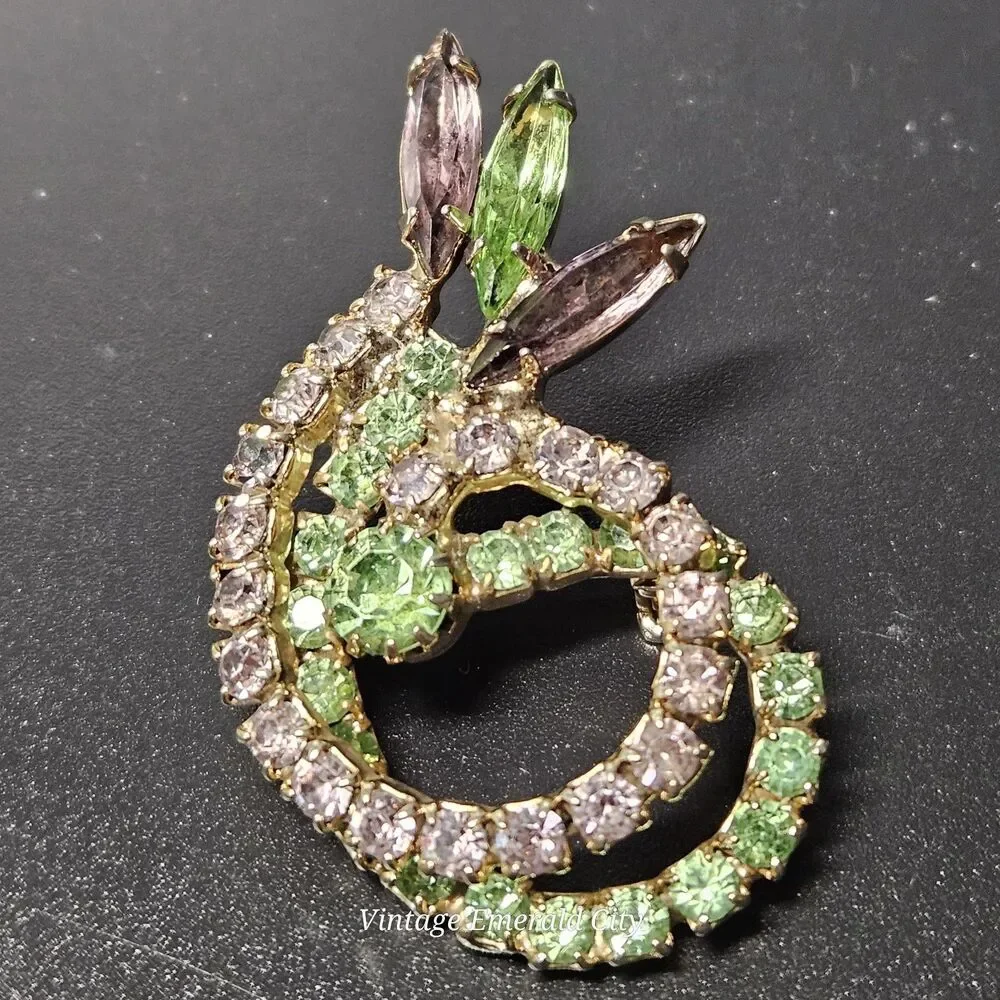 Vtg Unsigned Weiss Swirl Brooch Green & Purple Prong Rhinestones Navette Crystal