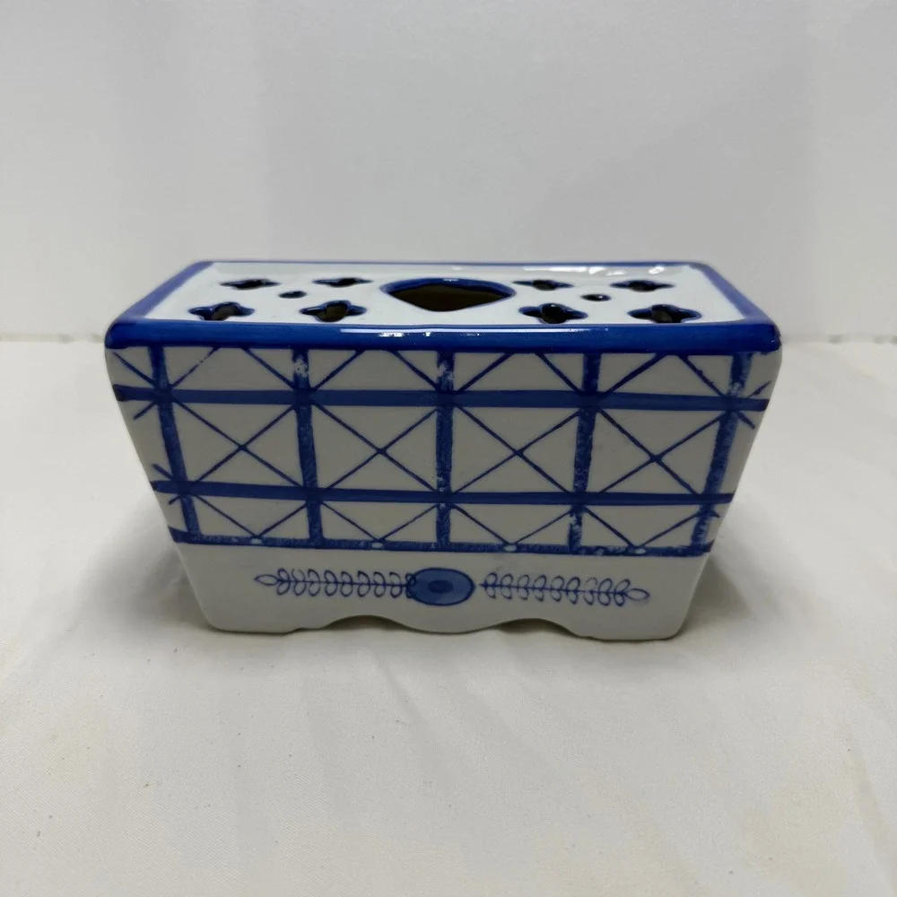 Antique Delft Blue & White Porcelain Faience Flower Frog Vase Brick 6
