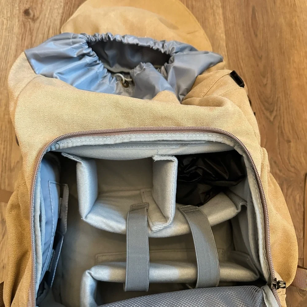 Tan Canvas Camera Backpack with Leather Accents