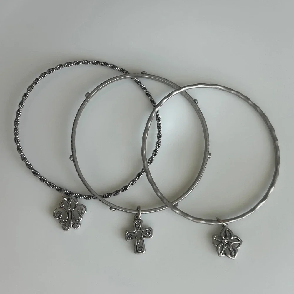 3pc Silver Tone Bangle Bracelet Set Butterfly Cross Flower Charms Textured