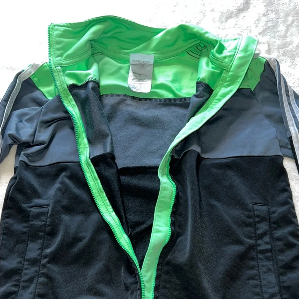 Adidas Boys Size 7 Colorblock Track Jacket Neon Green Gray Black Full Zip