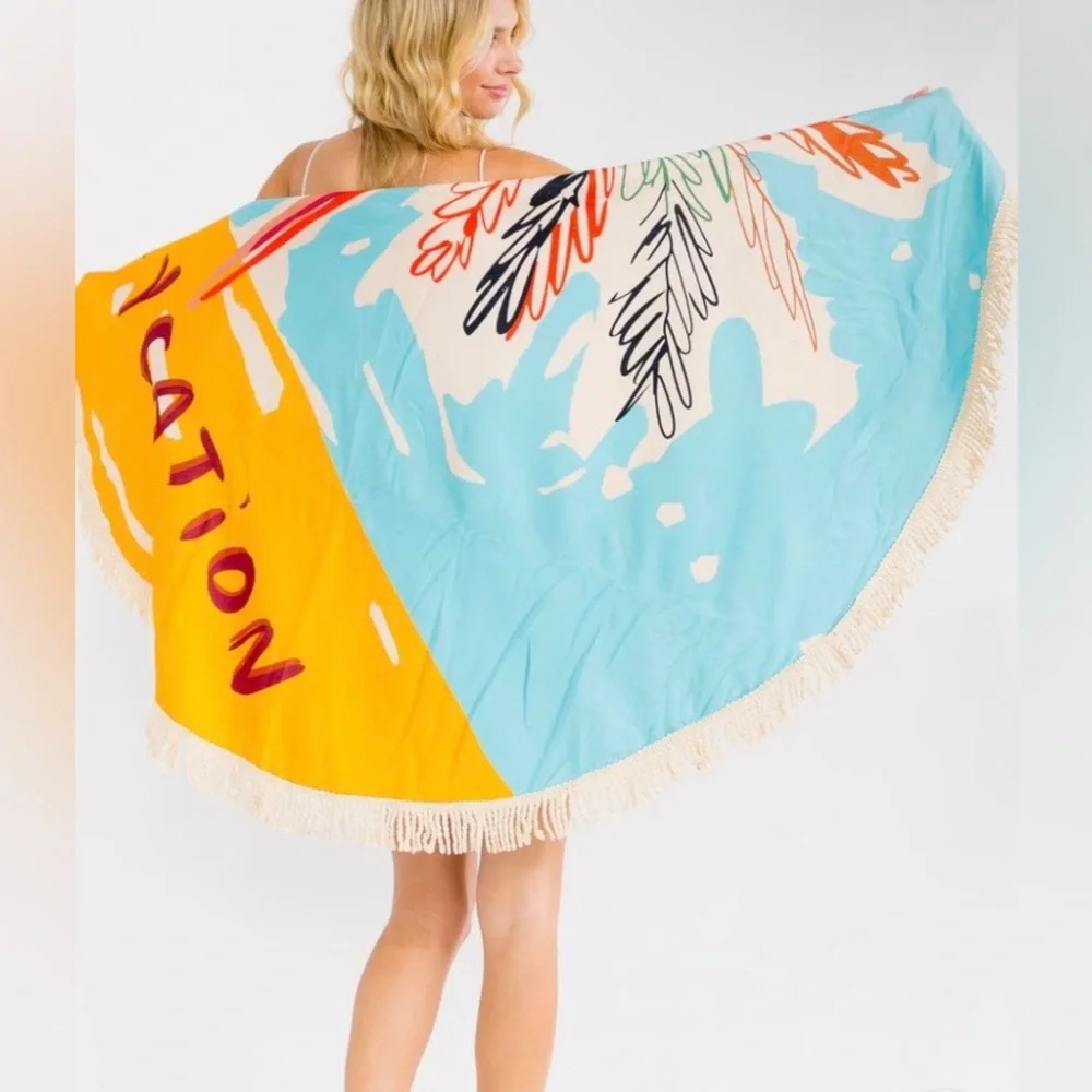 Round Fringe Beach Towel with Colorful Baycation Print & Design