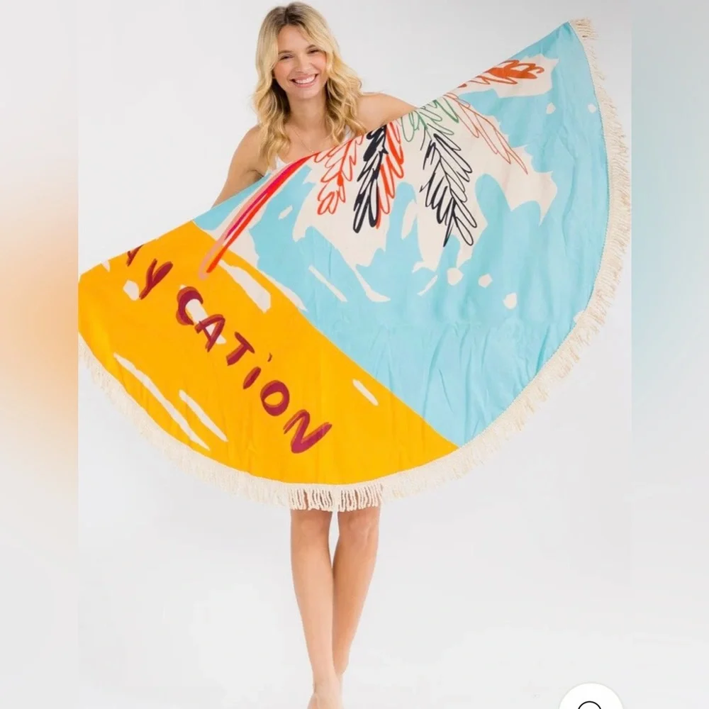 Round Fringe Beach Towel with Colorful Baycation Print & Design