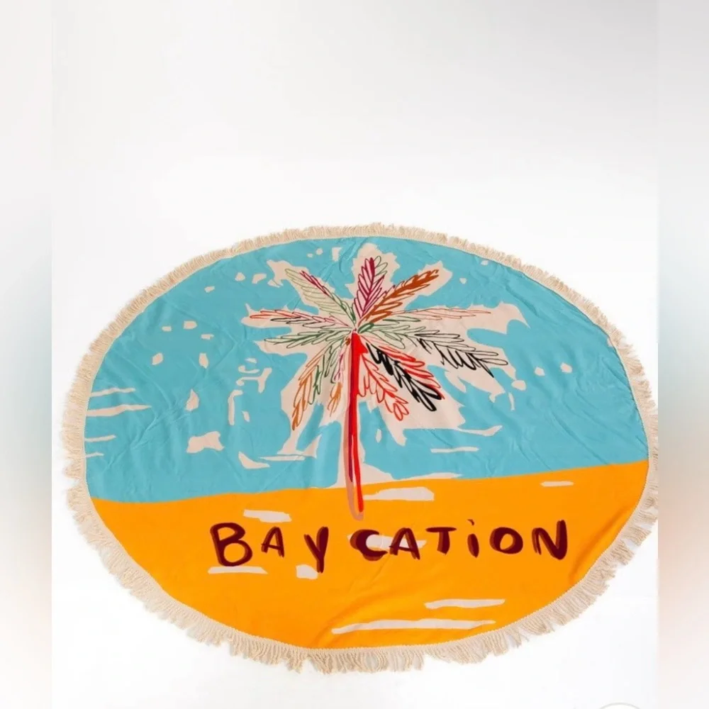 Round Fringe Beach Towel with Colorful Baycation Print & Design