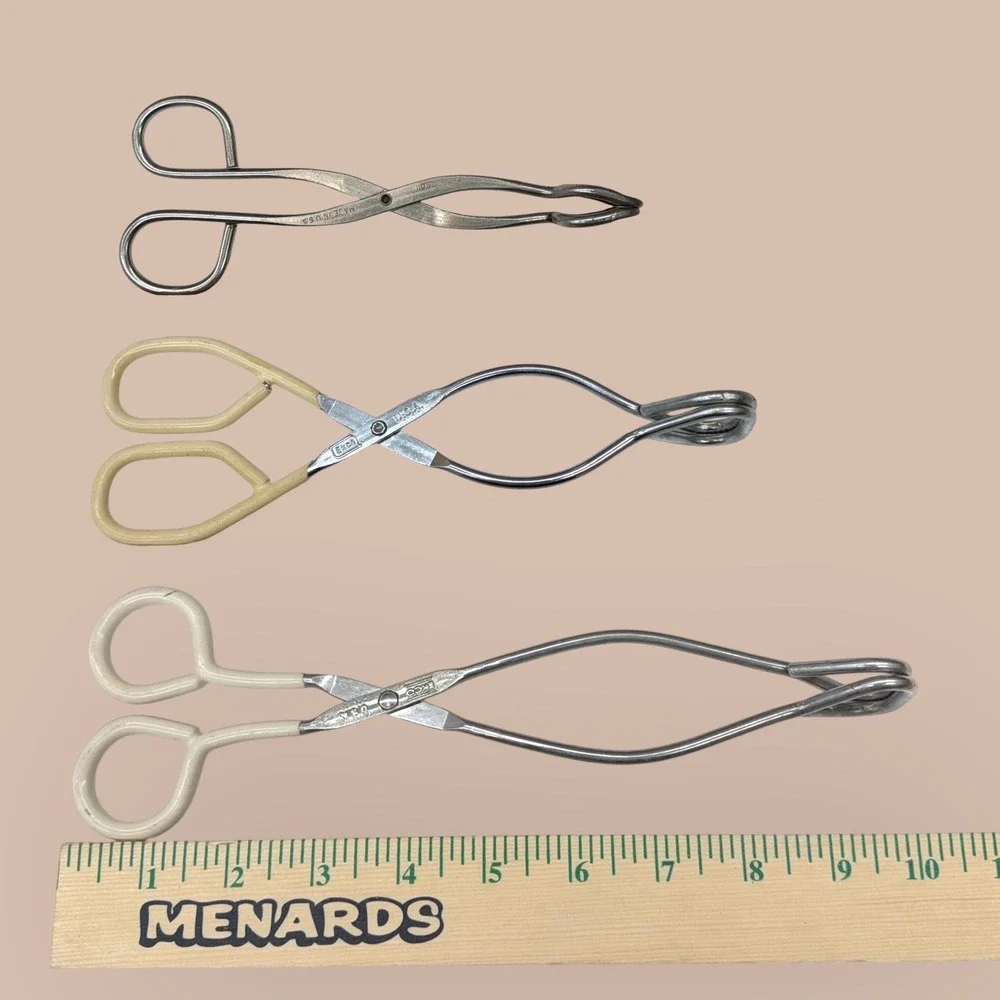Vintage EKCO USA Kitchen Tongs Set of 3 Metal Scissor Style Tongs Silver Cream
