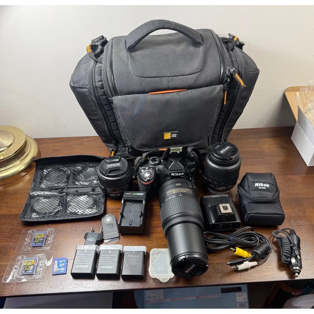 Nikon D3200 DSLR Camera Bundle 3 Lenses 18-55mm 55-300mm 50mm as-400 Flash