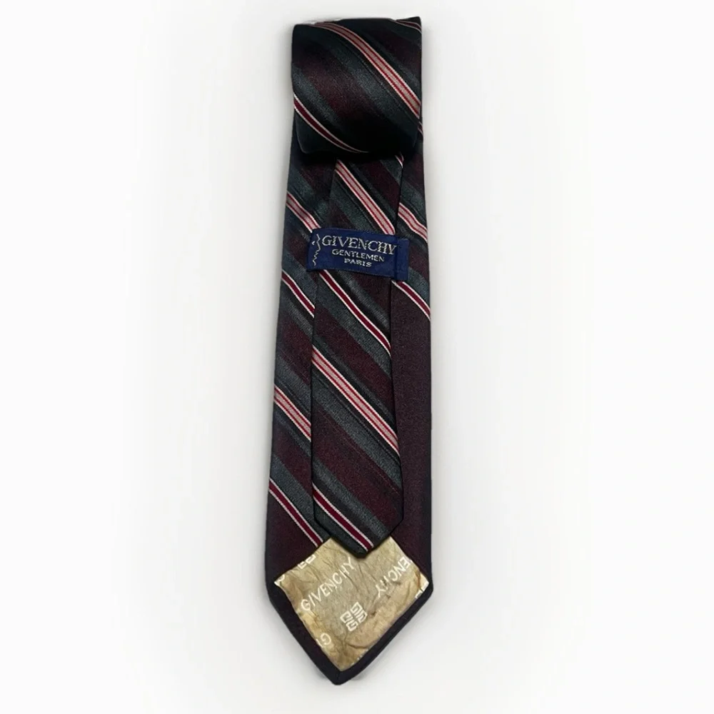 Givenchy Vintage Men’s Designer Tie Burgundy‎ Gray Striped Luxury Retro Necktie