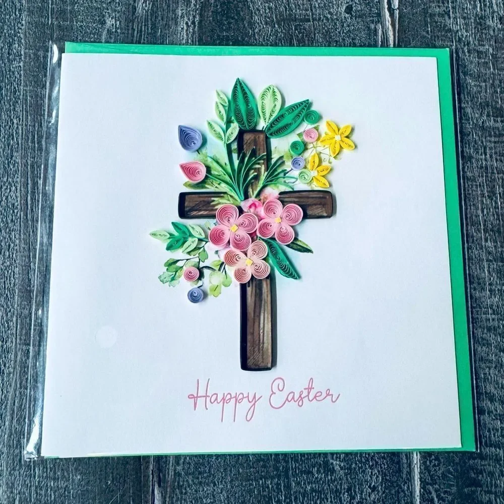 Happy Easter Quilling Art Cross Floral Greeting Card