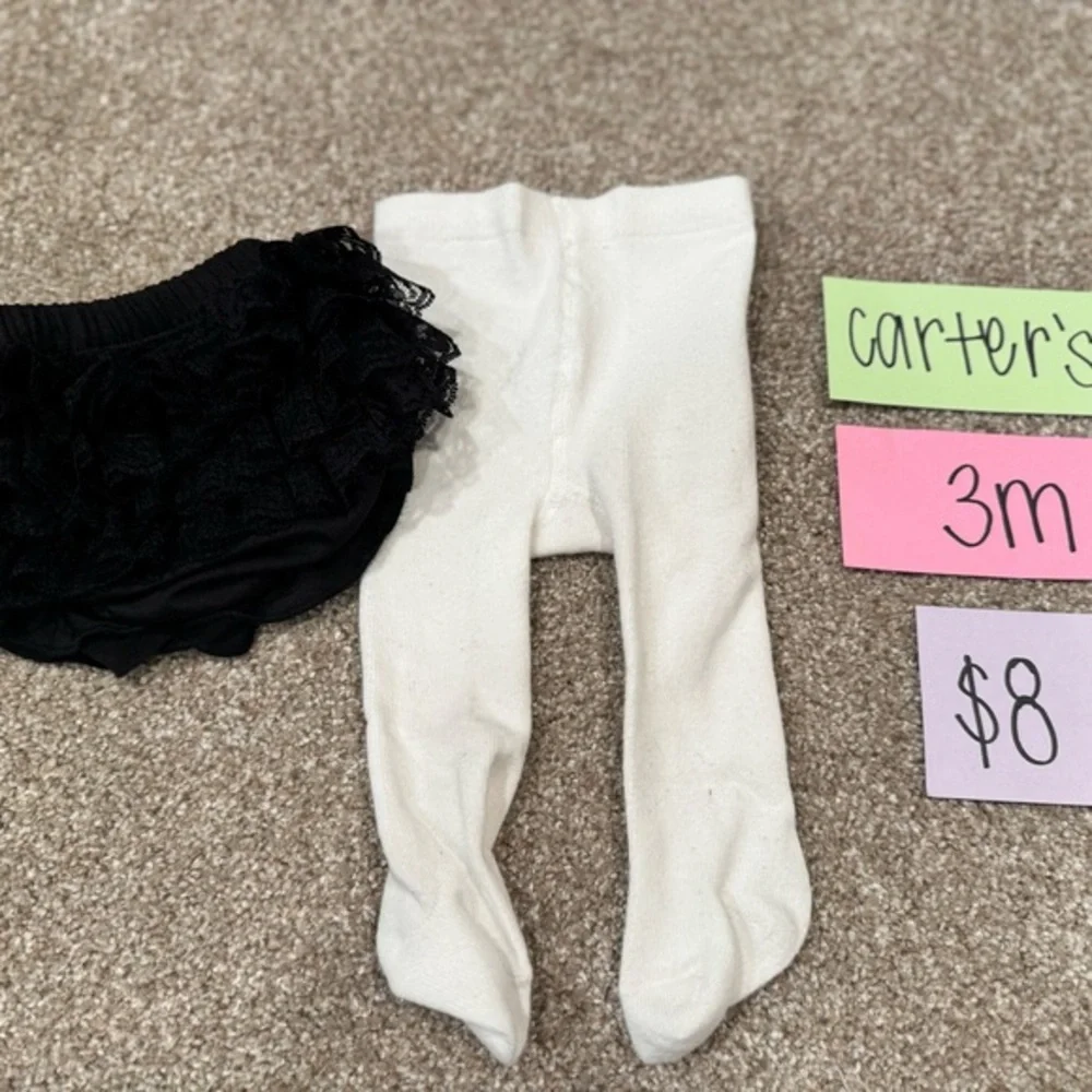 ❤️ NWOT Carter's Black Ruffled Diaper Cover with White Tights, 3 months
