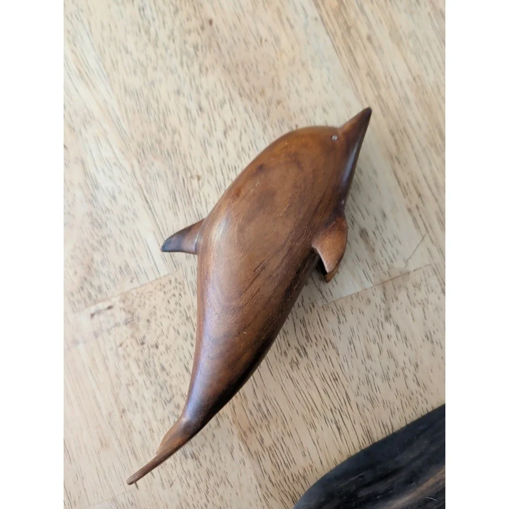 Pair Of Vintage Wooden Dolphin And Fish Carvings