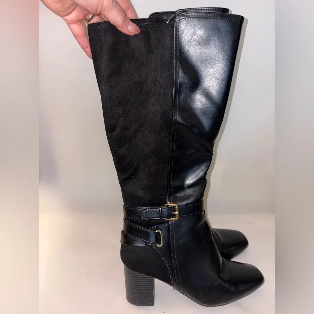 Liz Claiborne Black Knee High Mixed-Materials Boots with Buckle Size 8.5
