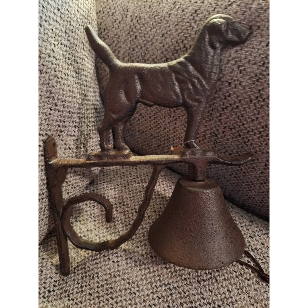 Dog Scroll Dinner Bell Cast Iron Wall Mounted Rustic Antique Brown Finish