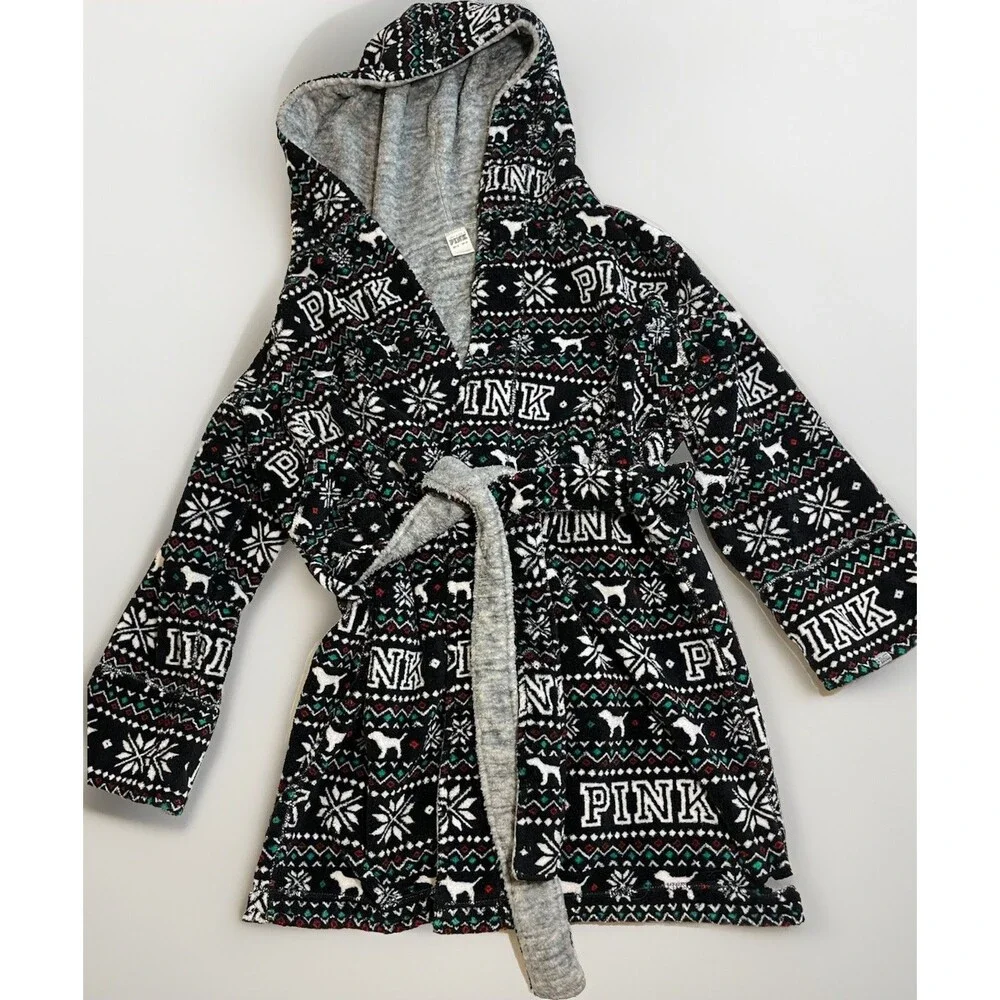 Victoria's Secret Plush Soft PINK Black White Snowflake Reversible Bathrobe XS S