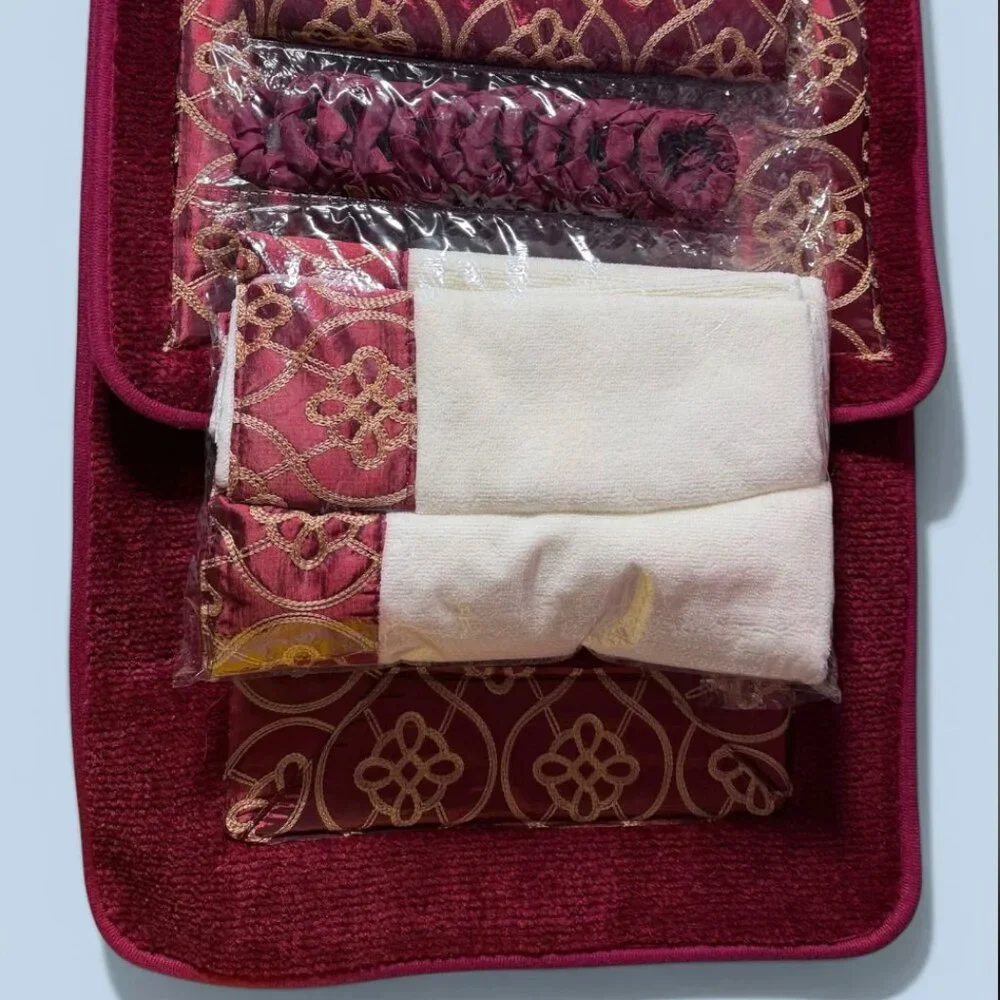 18 pieces Burgundy Bath set, Shower Curtain, Mats, Hooks and decorative towels