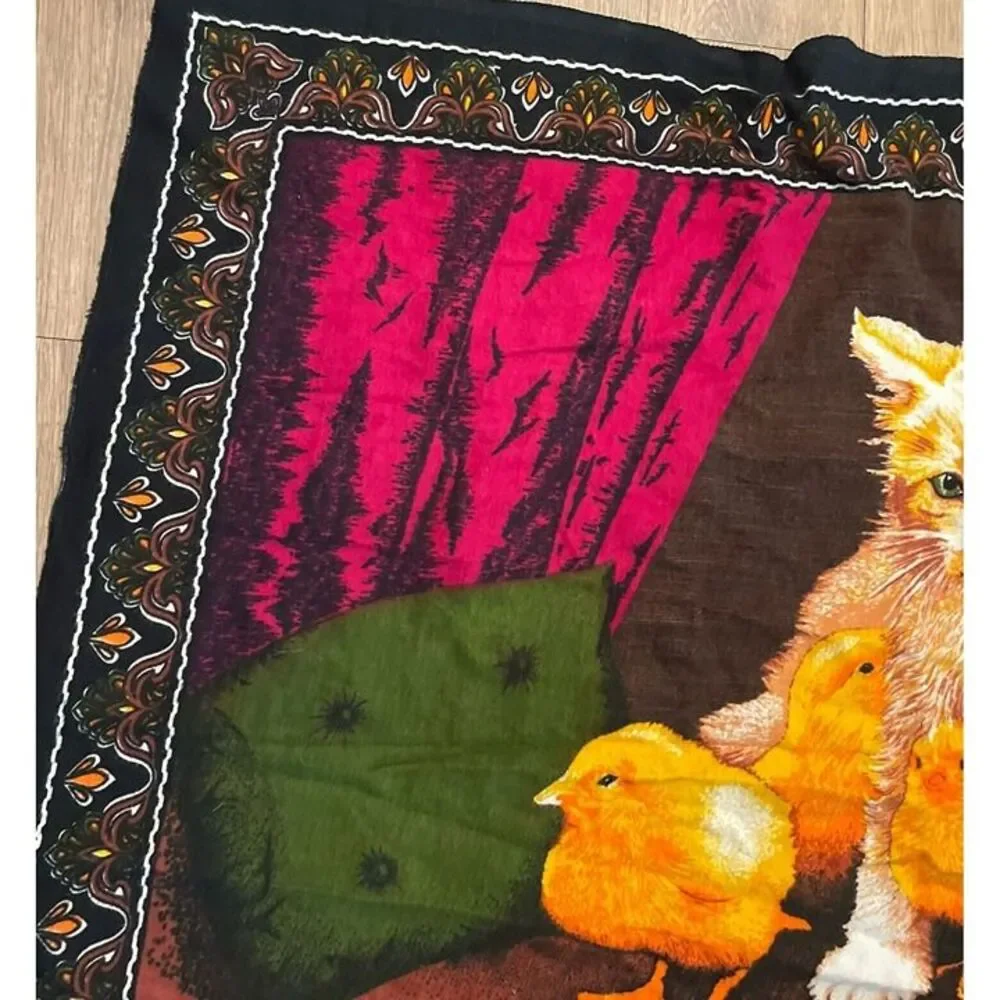 Vintage Tapestry Wall Hanging Cotton Cat Dog Chick Made In Turkey 52.5x34.5