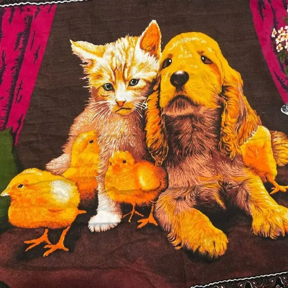 Vintage Tapestry Wall Hanging Cotton Cat Dog Chick Made In Turkey 52.5x34.5