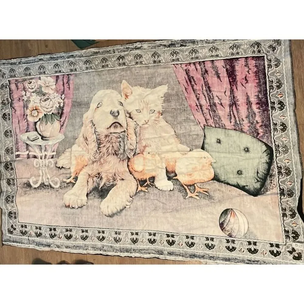 Vintage Tapestry Wall Hanging Cotton Cat Dog Chick Made In Turkey 52.5x34.5