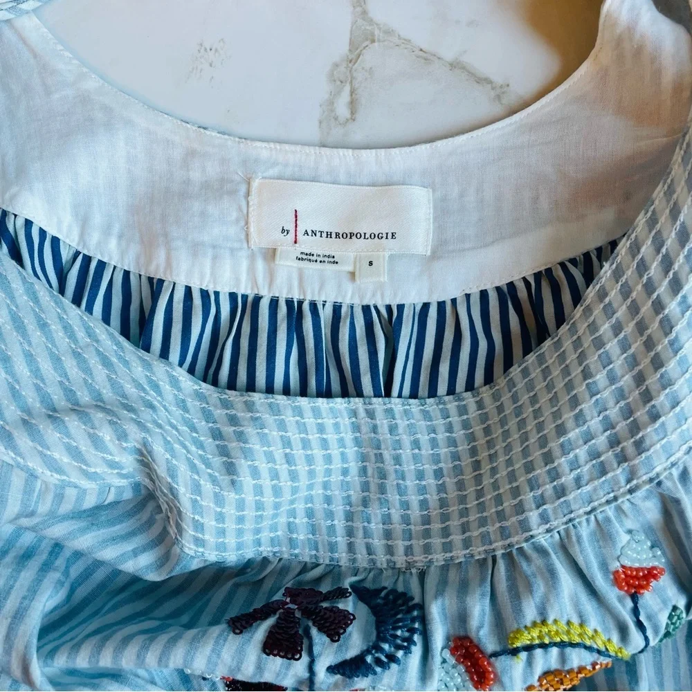 ANTHROPOLOGIE | Beaded Puff-Sleeved Blouse Blue White Small Fairycore Coquette