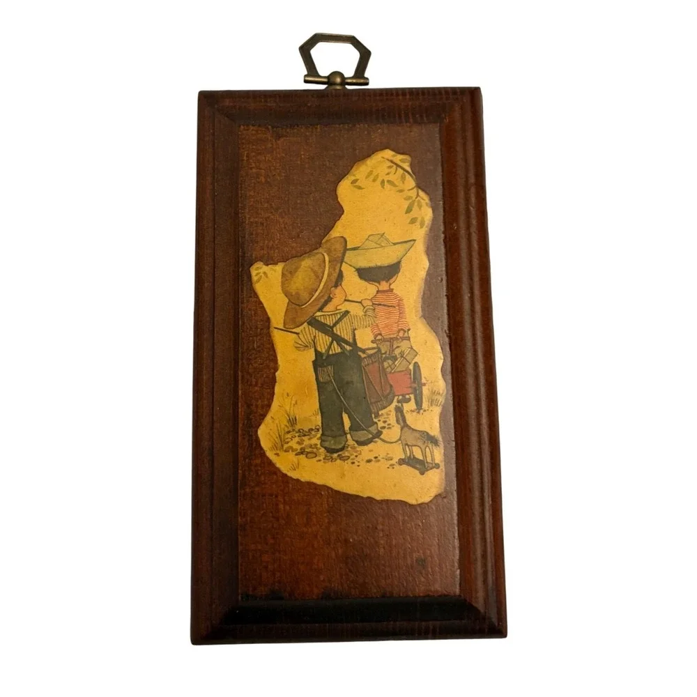 1970s Vintage Wood Wall Art Plaque Two Kids With Dog Country Scene Hanging Decor