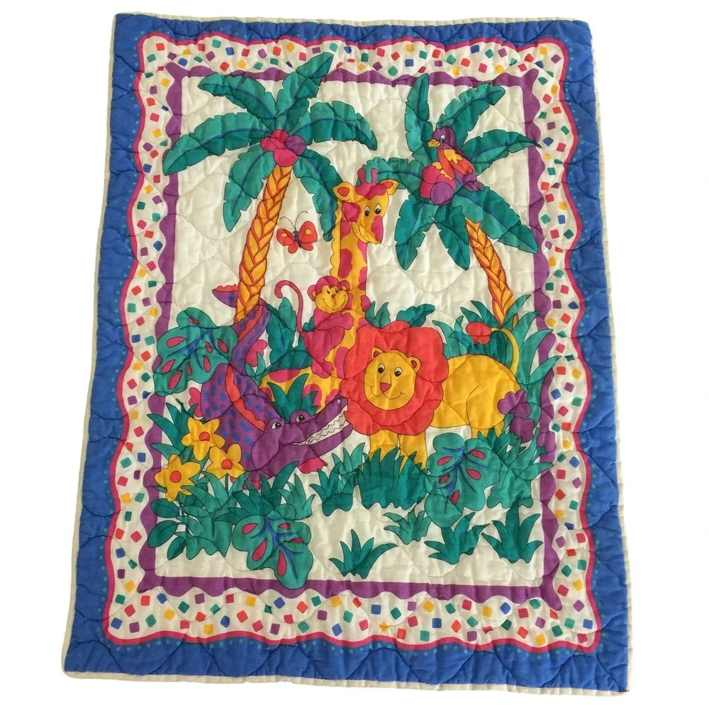 Handmade Jungle Animal Quilt 41x31 Blue Vintage 90s Safari Nursery Baby Blanket