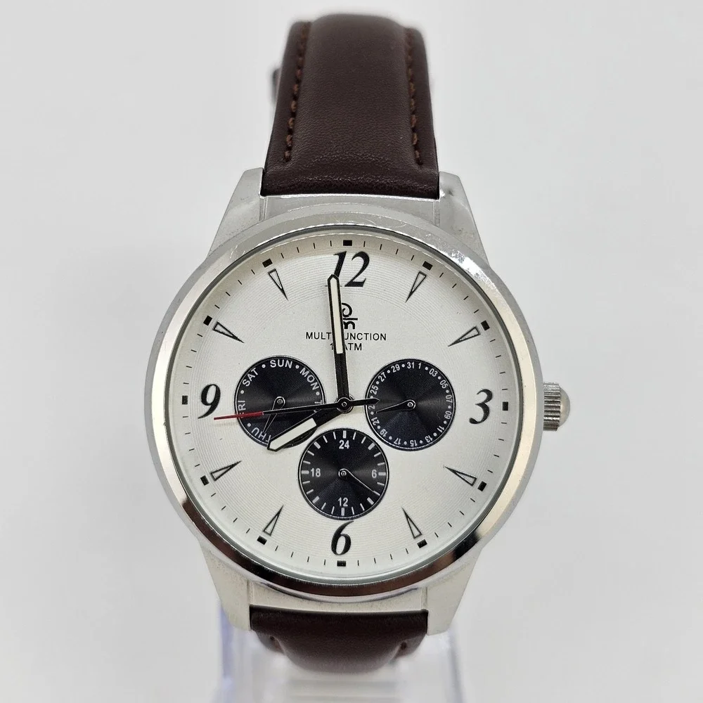 Men's Watch 40MM White Dial Day‎ Date New Brown Leather Bands New Battery