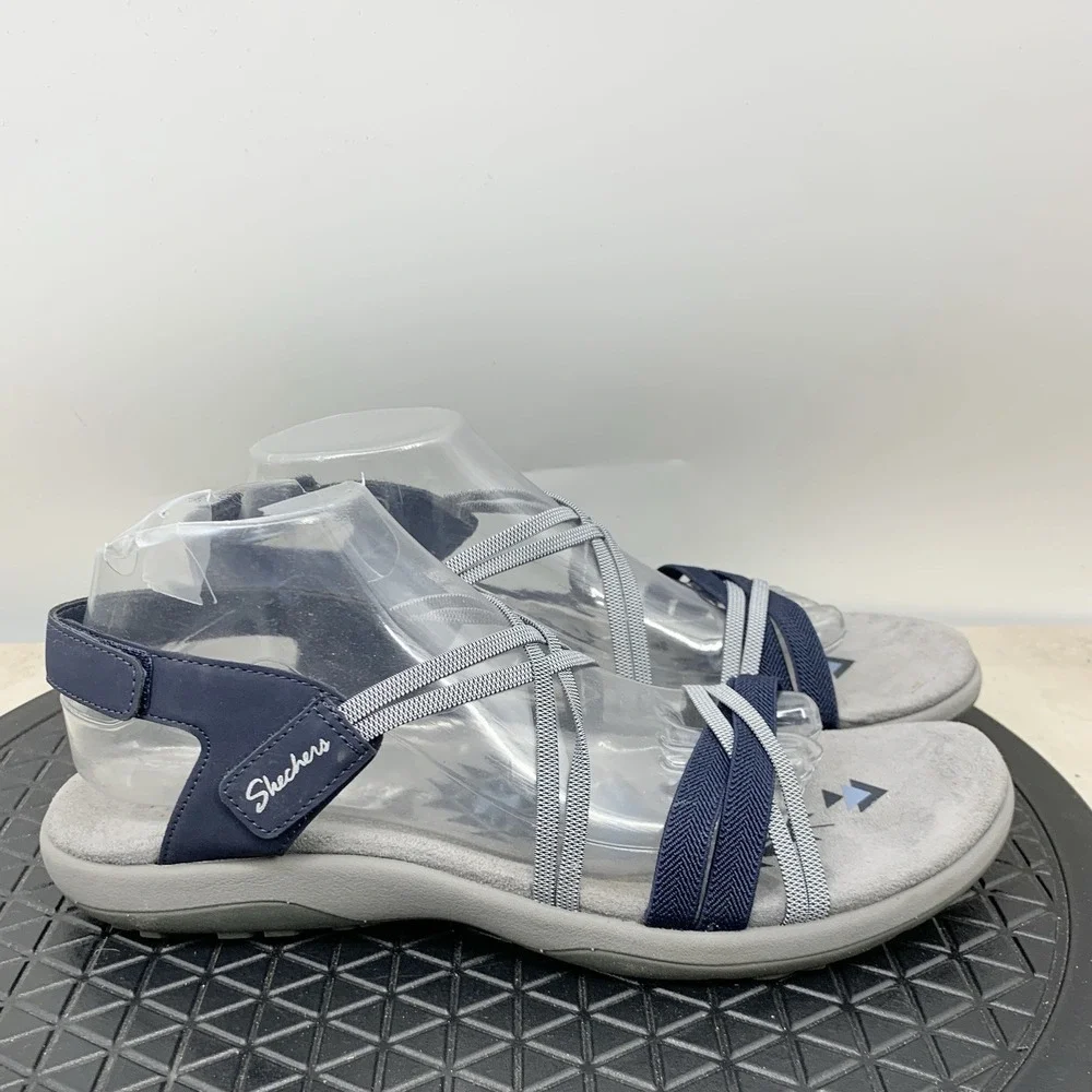 Skechers Reggae Sandals Women Size 11 Shoes‎ Blue Gray Stretch Flip Flops Adjust