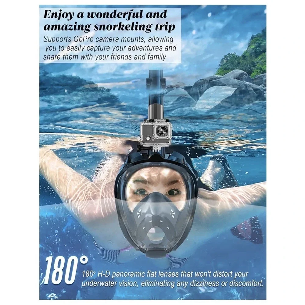 WSTOO Full Face Snorkel Mask Adult Black 180° View Dry Top Anti-Fog Camera Mount