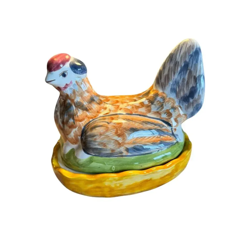 2 pc Chicken Canister Lid Colorful‎ Ceramic Hen Candy Jar Trinket Made Portugal