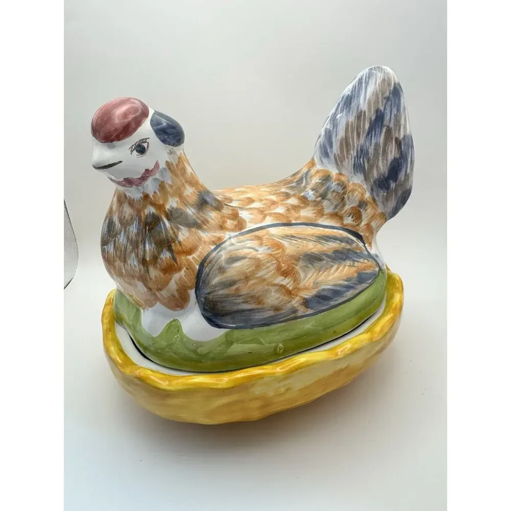 2 pc Chicken Canister Lid Colorful‎ Ceramic Hen Candy Jar Trinket Made Portugal