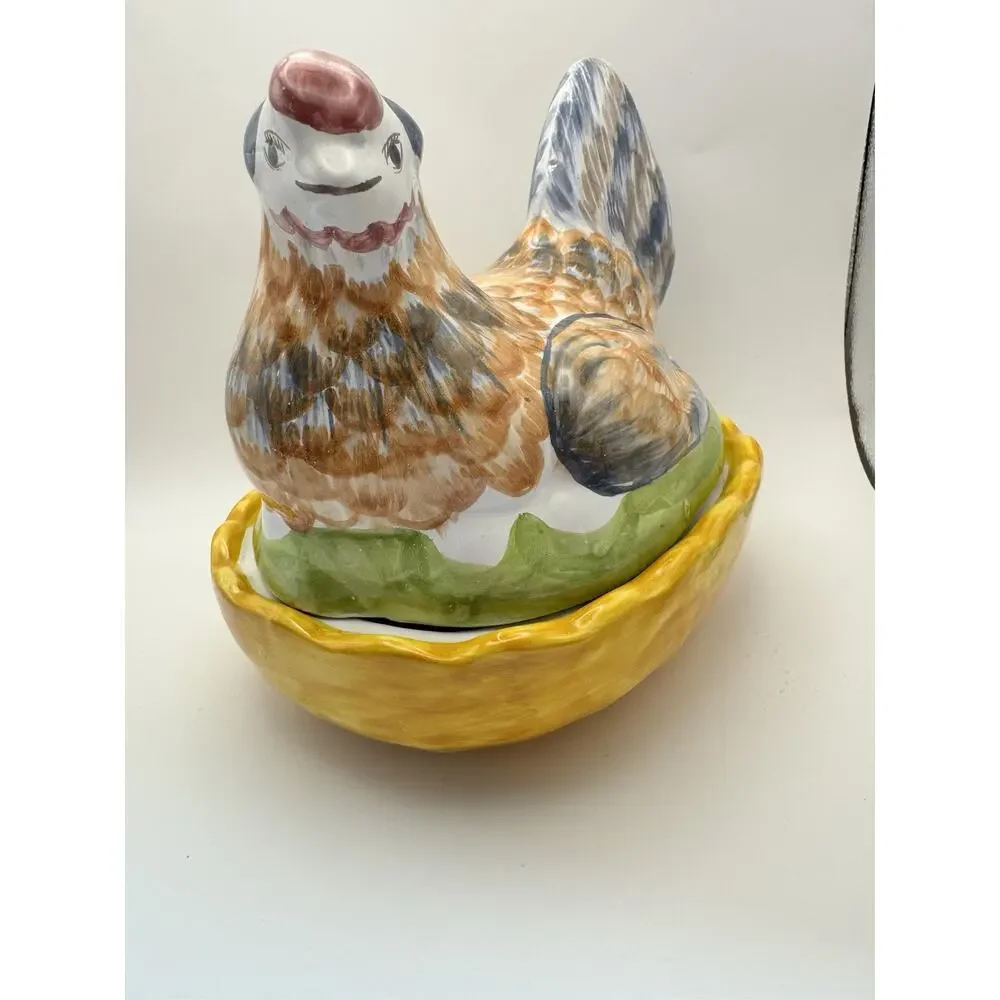 2 pc Chicken Canister Lid Colorful‎ Ceramic Hen Candy Jar Trinket Made Portugal