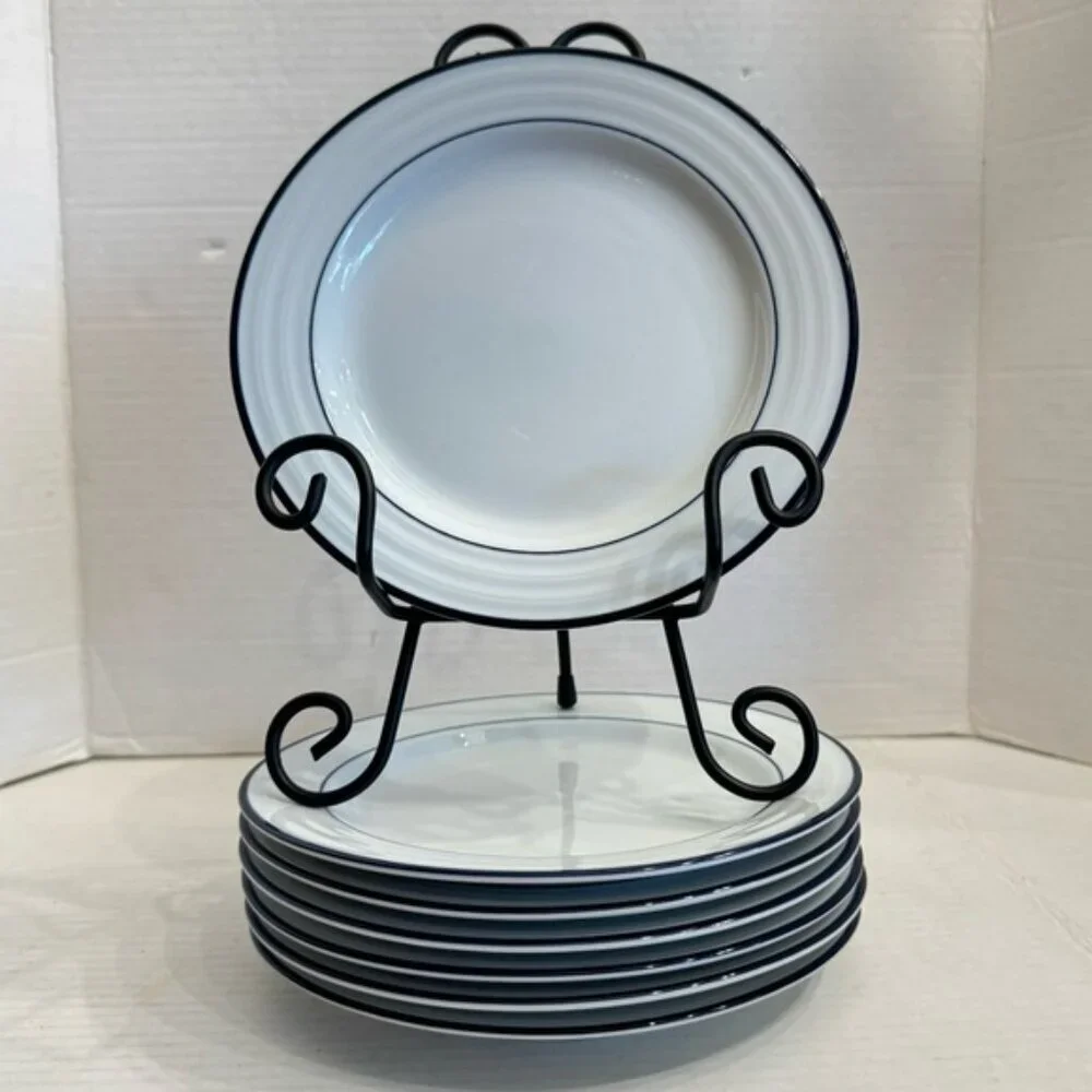 Lot of 3 Crate & Barrel Spal Porcelain Roulette Blue Trim 8 1/4” Salad Plate