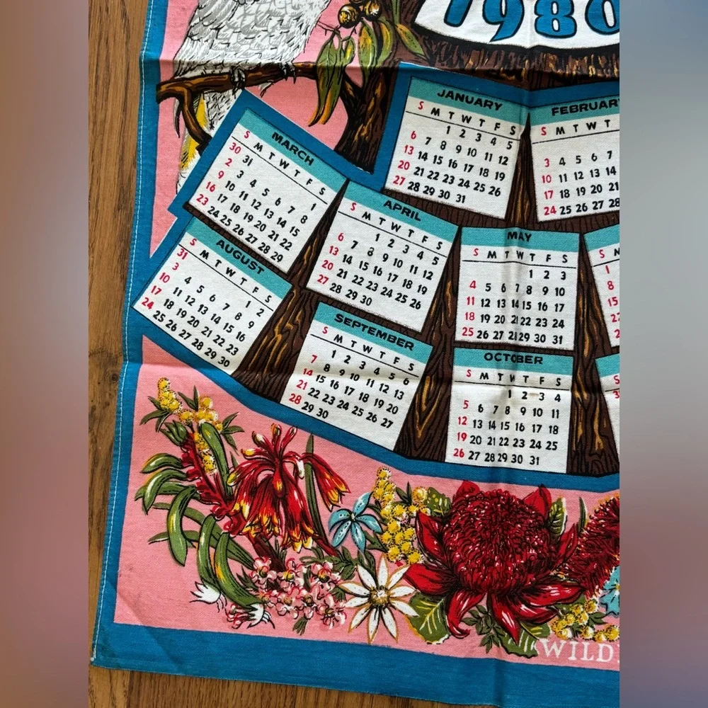 Vintage Pink Calendar Tea Towel 1980 Australia Cotton 28”x17.5” Koalas Birds